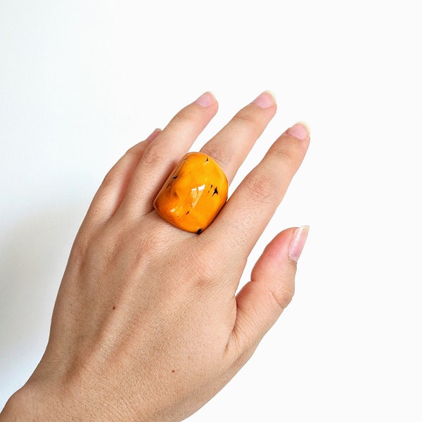 Canary yellow ring. Raw handmade ring made of Tagua Nut. Chunky mustard ring. Christmas gift idea. Yellow citrine color statement ring.