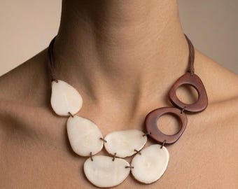Brown & White Statement Necklace, Chunky Boho Necklace, Handmade Organic Jewelry, Sustainable Natural Beaded Necklace