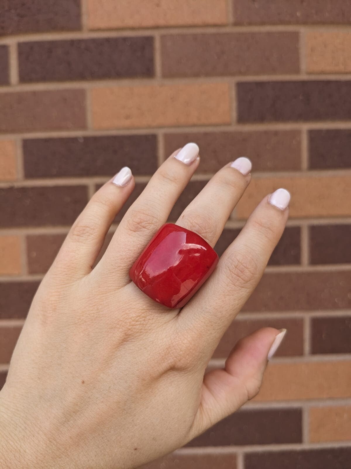 Red Statement Ring – Bold Shiny Tagua Nut Jewelry – Handmade Lightweight Resin-Finish Ring – Passionate Eco-Friendly Gift for Her