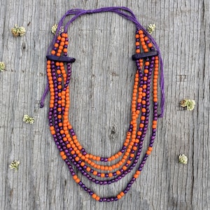 Beaded Multi Strand Necklace. Tagua nut necklace Purple and orange jewelry. handmade accessories. Adjustable necklace. Unique gift for women
