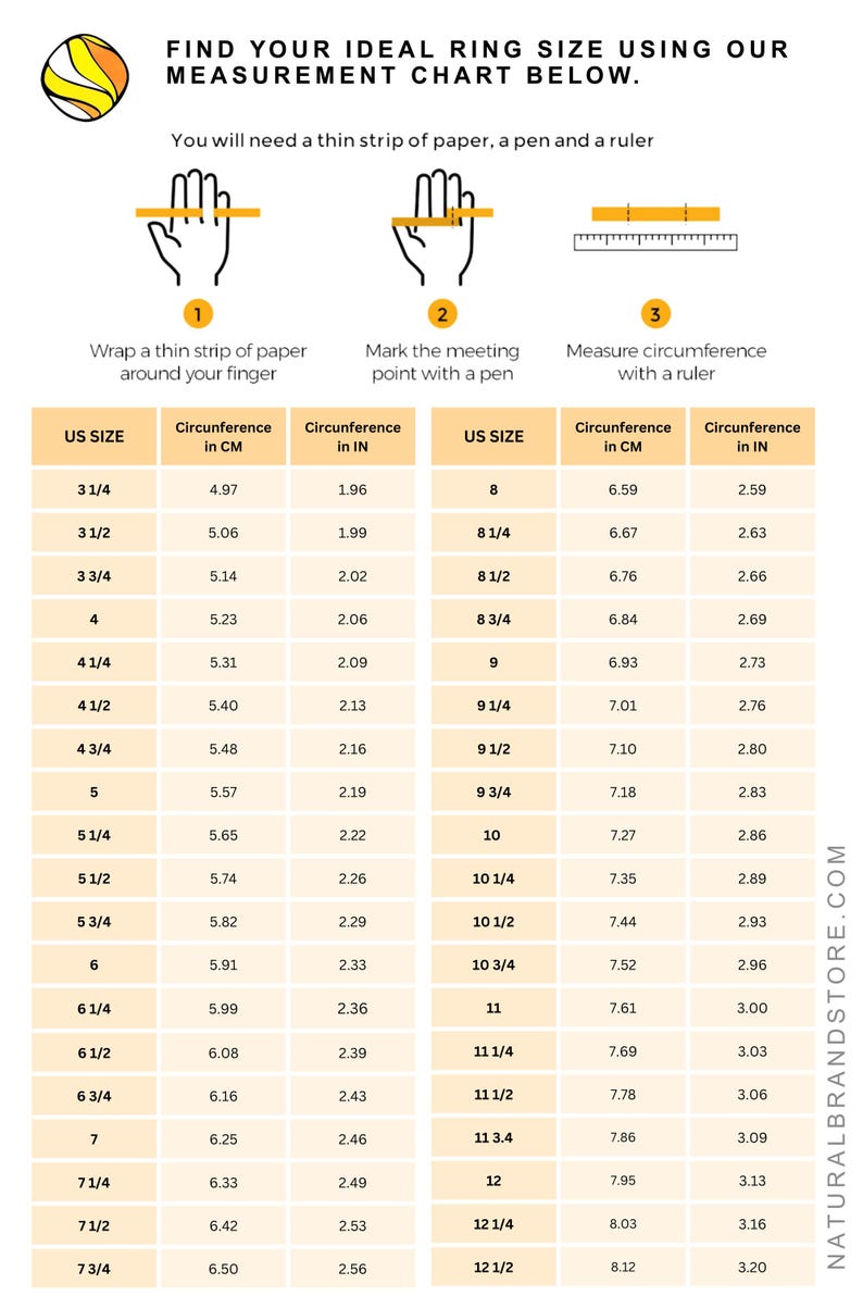 May include: A chart showing ring sizes in US sizes, with corresponding circumference measurements in inches and centimeters. The chart is divided into two columns, one for US sizes and the other for circumference measurements. The chart is designed to help people find their ideal ring size.
