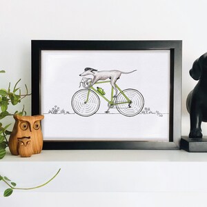 FRAMED, Roger the Racer, cute and funny, hand illustrated Greyhound on racing bike art print :)