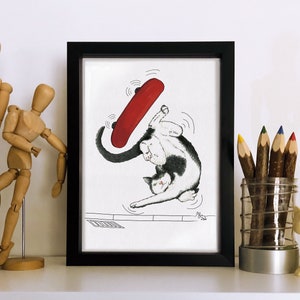 FRAMED, Skate Boarding Cat, cute and funny, hand illustrated Cat art print :)