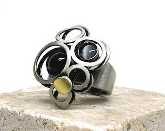 Modern Silver Ring: Black & Grey Glass Stone, Christophe Poly Design