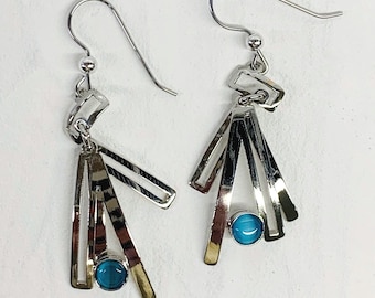 Silver Geometric Earrings, Aqua Blue Stone Designer Jewelry, Modern Dangle Earrings
