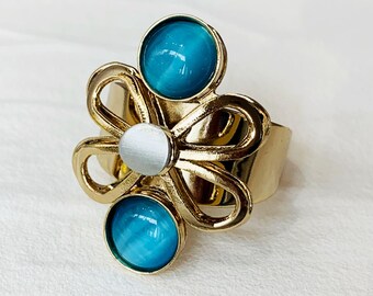 Gold Aqua Blue Ring, Christophe Poly Architectural Design, Glass Stone Accent