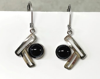Silver Black Earrings, Christophe Poly Lever-Back Earrings (X), Black Stone Earrings