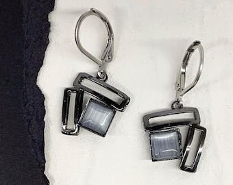 Geometric Grey Earrings, Christophe Poly Lever-Backs, Minimalist Square Gunmetal Earrings