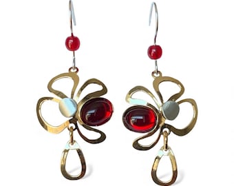 Gold Finish, Red Glass Earrings: Surgical Steel, Christophe Poly Design