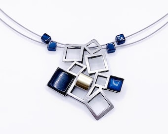 Silver Blue Necklace, Glass stone and bead, Modern Stainless Steel Wire Jewelry
