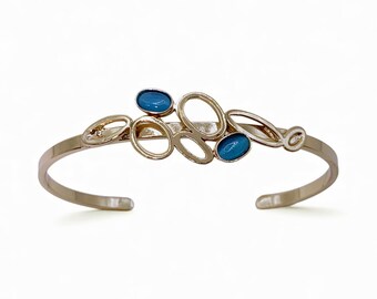 Gold Finish Cuff Bracelet: Aqua Blue Glass Stone, Christophe Poly Architectural Handmade Jewelry
