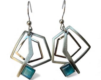 Silver Architectural Earrings, Blue Stone Designer Jewelry, Modern Dangle Earrings
