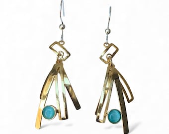 Gold Geometric Earrings, Aqua Blue Stone Designer Jewelry, Modern Dangle Earrings