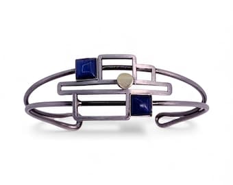 Silver Cuff Bracelet, Christophe Poly Statement bracelet for women, Blue Glass stone