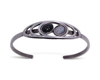 Antique Silver Cuff Bracelet: Black & Grey Glass Stone, Christophe Poly Architectural Handmade Jewelry, Modern Bracelet,