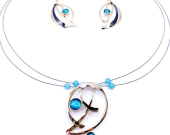 Christophe Poly Wire Necklace Set, Gold finish, Aqua blue stone