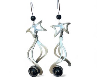 Silver Geometric Earrings, Black Glass Stone, Christophe Poly Handmade
