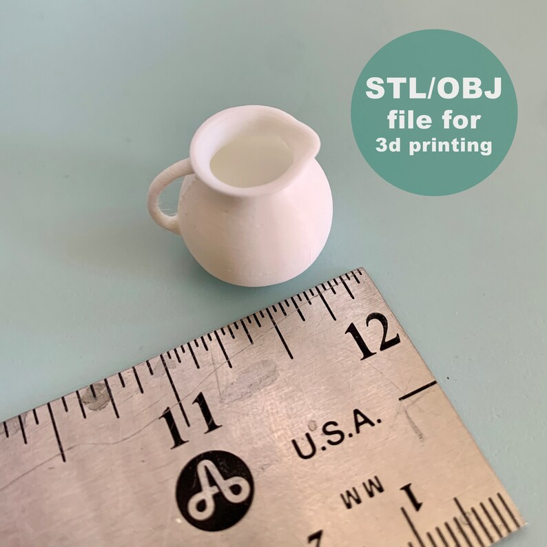 May include: White ceramic pitcher, approximately 5 cm tall, next to a ruler marked in centimetres. STL/OBJ file for 3d printing.