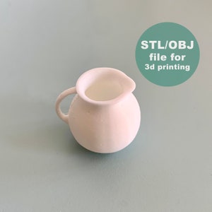 May include: White ceramic pitcher with a rounded body and a handle. STL/OBJ file for 3d printing.