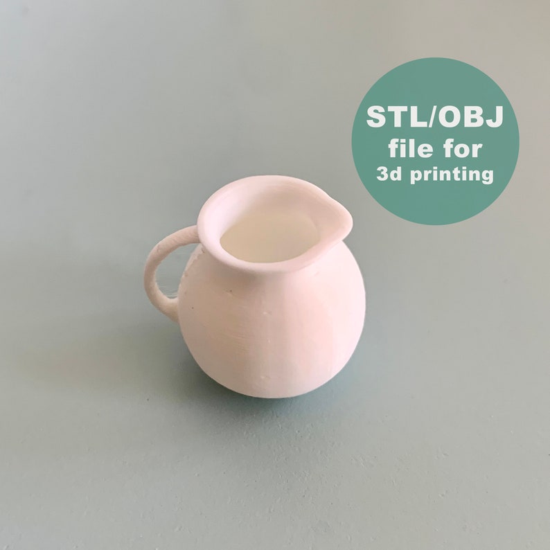 May include: White ceramic pitcher with a rounded body and a handle. STL/OBJ file for 3d printing.