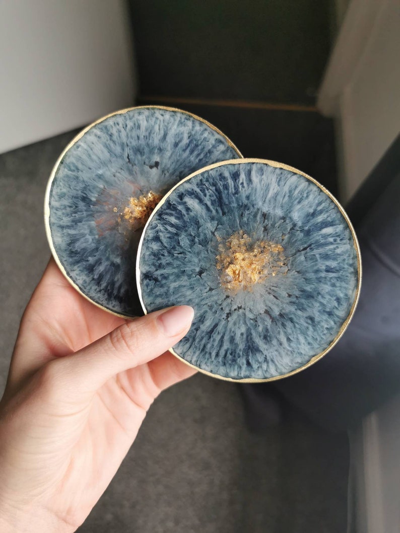 Navy blue, White And Gold Geode Resin Coasters / Nail Palette. Homemade Agates, Home Decor, Gift For Her image 3