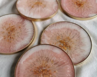 Pink, White And Gold Geode Resin Coasters / Beauty Palette / Nail Palette. Homemade Agates, Home Decor, Gift For Her, Rose quartz coasters