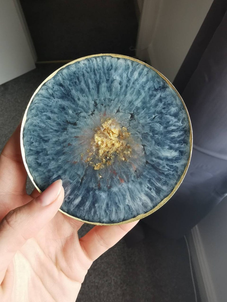 Navy blue, White And Gold Geode Resin Coasters / Nail Palette. Homemade Agates, Home Decor, Gift For Her image 4