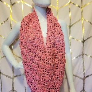 Pink Daisy chain flower crochet long cowl scarf