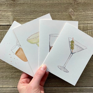 Tarjetas de notas de cóctel de acuarela / Juego pintado a mano de 4 / Impresiones de acuarela / Tarjetas de notas en blanco con sobres / Tarjetas de felicitación "Happy Hour"