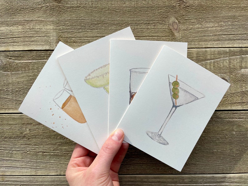 Watercolor Cocktail Notecards Hand Painted Set of 4 Watercolor Prints Blank Notecards with Envelopes Happy Hour Greeting Cards image 1