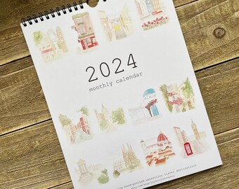 2024 Monthly Calendar | Watercolor Travel | Hand Painted Wall Calendar | 8.5 x 11 Spiral Bound Hanging Calendar | Europe Travel | World