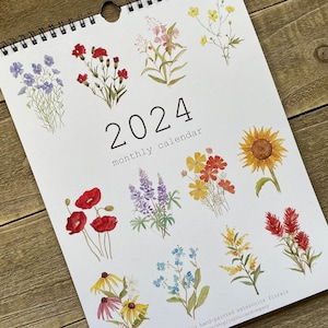 2024 Monthly Calendar | Watercolor Florals | Hand Painted Wall Calendar | 8.5 x 11 Spiral Bound Hanging Calendar | Watercolor Flowers