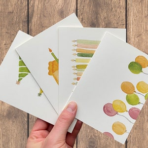 Watercolor Birthday Cards | Happy Birthday | Hand Painted Set of 4 Watercolor Prints | Blank Notecards with Envelopes | Birthday Cards