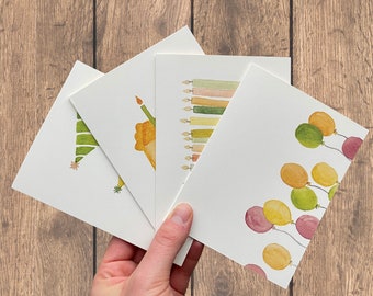 Cartes d'anniversaire à l'aquarelle | Joyeux anniversaire | Ensemble de 4 impressions aquarelle peintes à la main | Cartes de correspondance vierges avec enveloppes | Cartes d'anniversaire