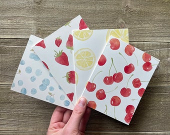 Aquarell Obst Grußkarten | Obst Briefpapier | 4er Set | Aquarell Drucke | Handbemalte Blankokarten mit Umschlägen | Sommer alle Gelegenheit