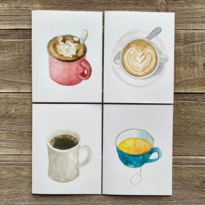 Watercolor Coffee & Tea Notecards | Hand Painted Set of 4 | Watercolor Prints | Blank Notecards with Envelopes | Greeting Cards | Winter