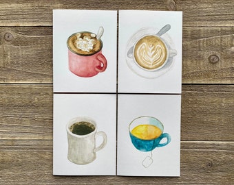 Watercolor Coffee & Tea Notecards | Hand Painted Set of 4 | Watercolor Prints | Blank Notecards with Envelopes | Greeting Cards | Winter