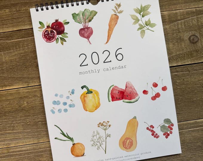 2026 Monthly Calendar | Watercolor Fruit Vegetable | Hand Painted Wall Calendar | 8.5 x 11 Spiral Bound Hanging Calendar | Produce | Kitchen