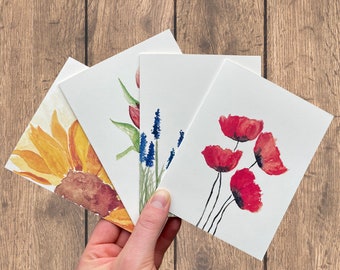 Blumen Aquarell Karten | Blumen Briefpapier | 4er-Set | Aquarell Drucke | Handgemalte Blanko-Karten mit Umschlägen | Grusskarten