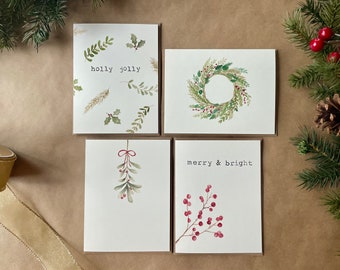 Watercolor Holiday Notecards | Set of 4 | Hand Painted Prints | Blank Notecards with Envelopes | Holiday Cards | Christmas Greeting Cards