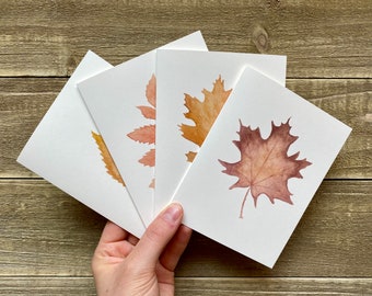 Feuilles d'automne à l'aquarelle | Lot de 4 | Impressions peintes à la main | Cartes de correspondance vierges avec enveloppes | Cartes de voeux | Papeterie d'automne