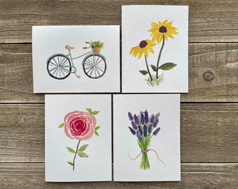 Watercolor Flower Notecards | Floral Stationery | Set of 4 | Watercolor Prints | Hand Painted Blank Notecards with Envelopes | Gift for Her