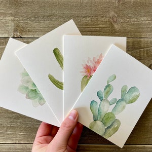 Cartes de correspondance aquarelle cactus | Ensemble de 4 peints à la main | Impressions aquarelles | Cartes de correspondance vierges avec enveloppes | Papeterie succulente