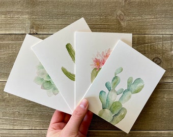 Cartes de correspondance aquarelle cactus | Ensemble de 4 peints à la main | Impressions aquarelles | Cartes de correspondance vierges avec enveloppes | Papeterie succulente