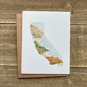 Aquarel California Notecards | Set van 4 | CA Aquarel Prints | Handgeschilderde blanco kaarten met enveloppen | Wenskaarten | Staatskaarten