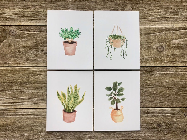 Watercolor House Plant Notecards Hand Painted Set of 4 Watercolor Prints Blank Greeting Cards with Envelopes Plant Stationery image 2