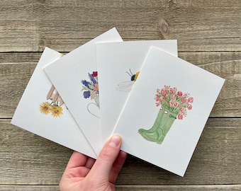 Cartes de correspondance fleurs à l'aquarelle | Ensemble de 4 peints à la main | Impressions aquarelles | Cartes de correspondance vierges avec enveloppes | de voeux | Papeterie florale
