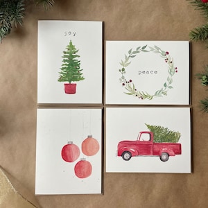 Aquarel kerstkaarten | Set van 4 | Handgeschilderde prints | Blanco kaarten met enveloppen | Kerstkaarten | Kerstwenskaarten