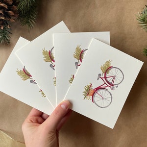 Cartes de notes de vélo de vacances aquarelle | Ensemble de 4 | Impressions peintes à la main | Cartes de notes vierges avec enveloppes | Cartes de vacances | Cartes d'hiver de Noël