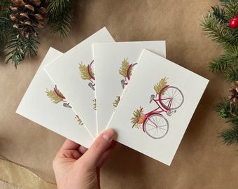 Watercolor Holiday Bike Notecards | Set of 4 | Hand Painted Prints | Blank Notecards with Envelopes | Holiday Cards | Christmas Winter Cards